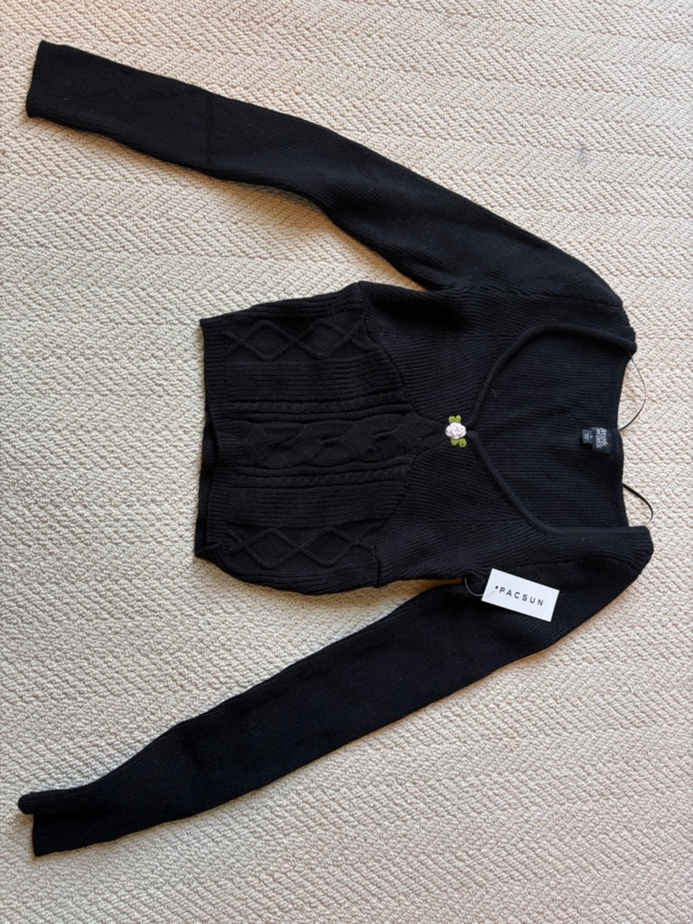 PacSun Black Cropped Knit Cardigan with Floral Accent